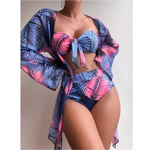 Tropical Print Blue Pink 3 Piece Swim Set Kimono Bandeau Top + Bottoms - Picture 2 of 7